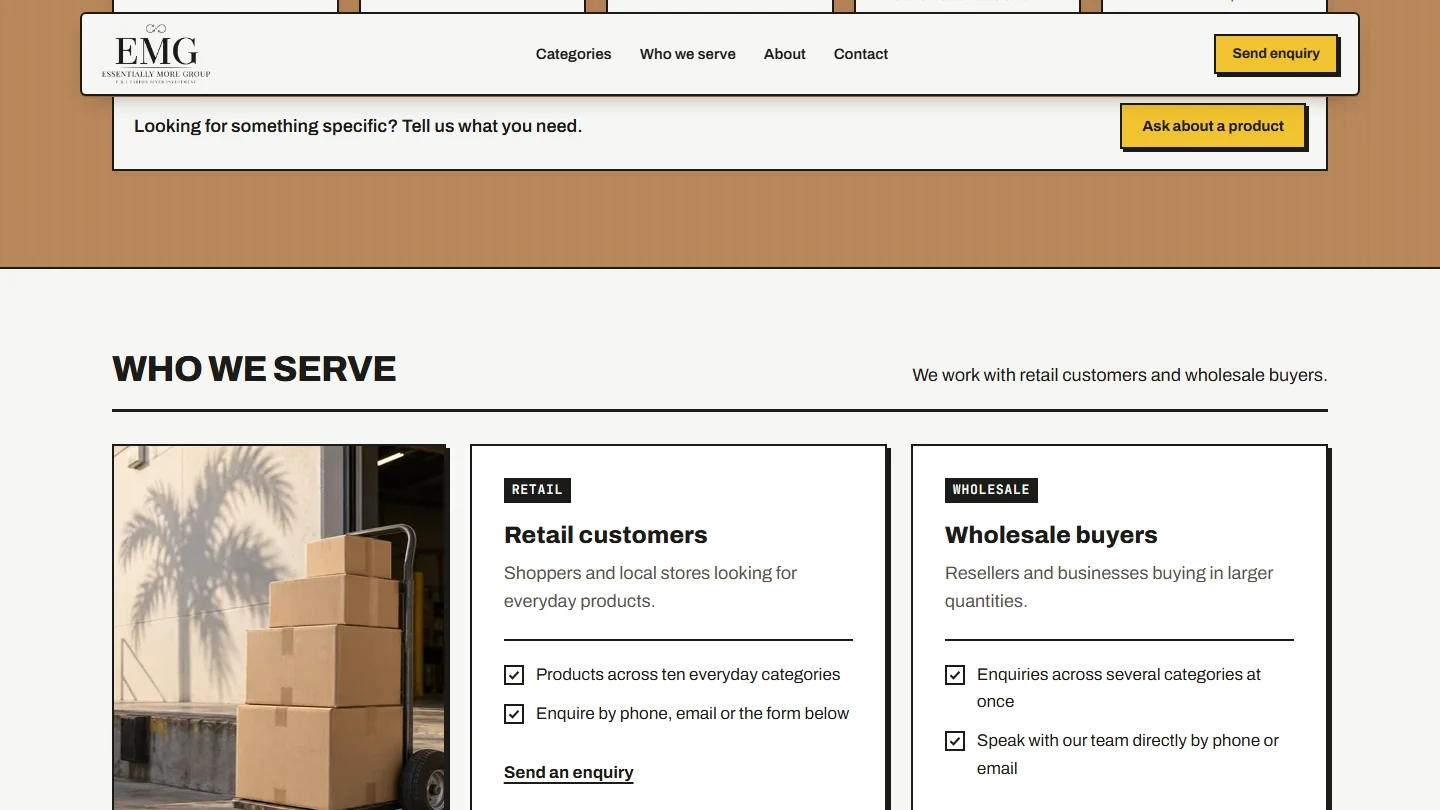 The buyer section explains the offer for retail customers and wholesale businesses, with direct enquiry links.