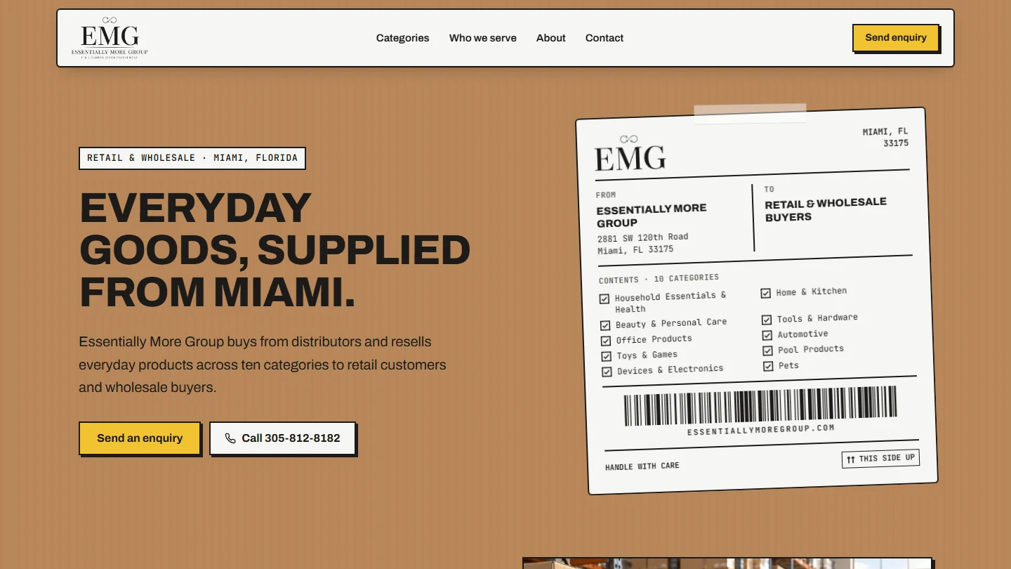 Essentially More Group wholesale supplier homepage with a tan background, receipt-style graphic, and enquiry buttons
