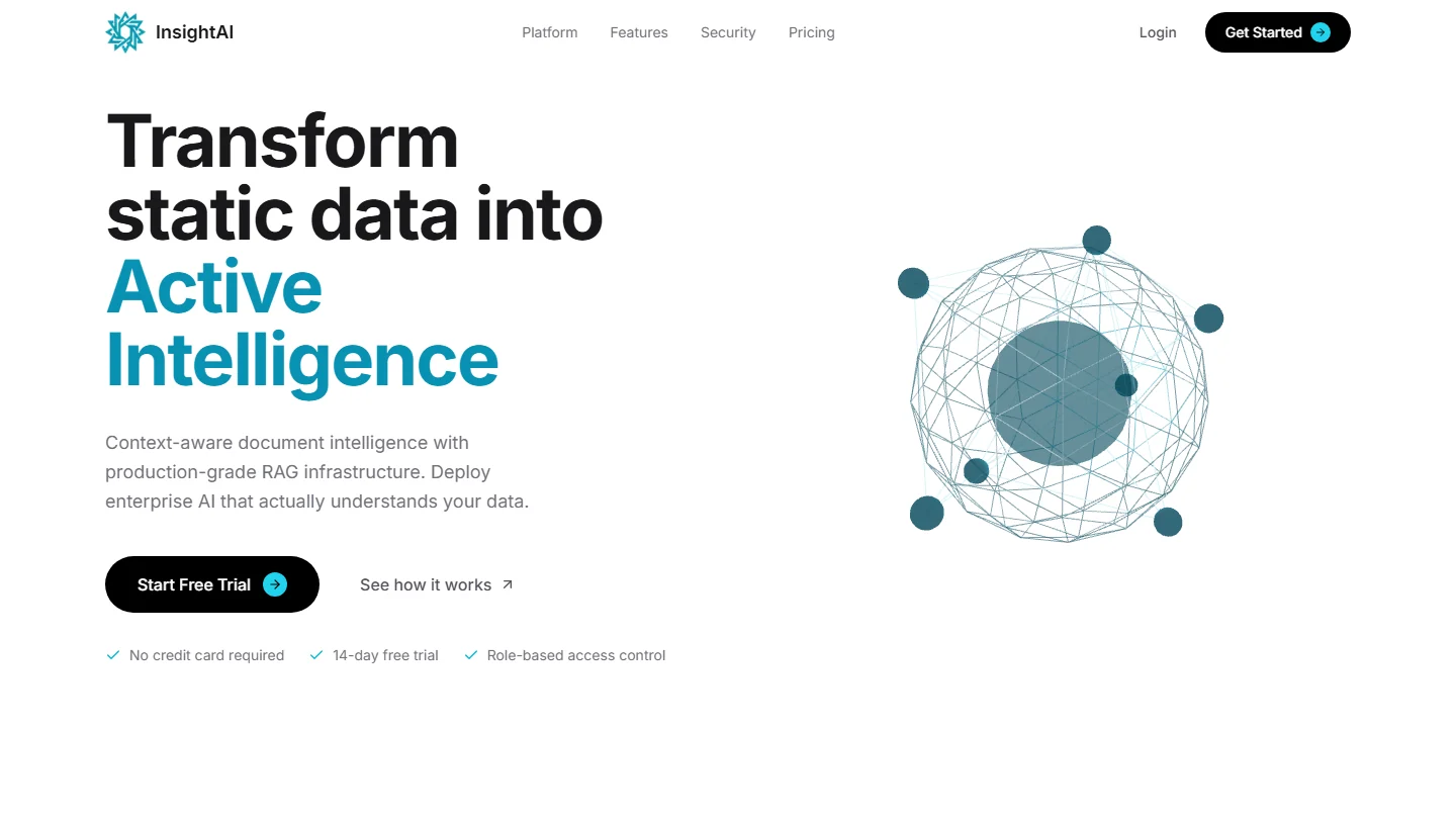InsightAI homepage introducing its enterprise document intelligence platform