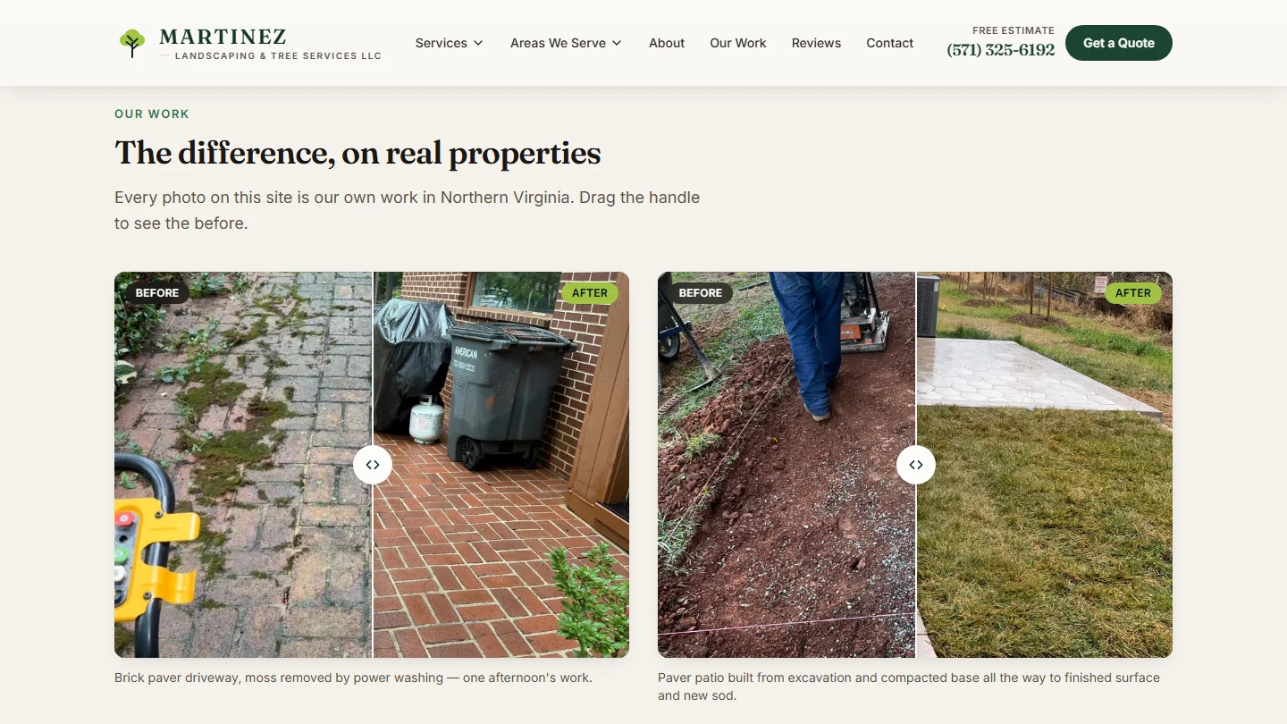 Before-and-after comparisons put real landscaping and exterior work at the center of the sales story.