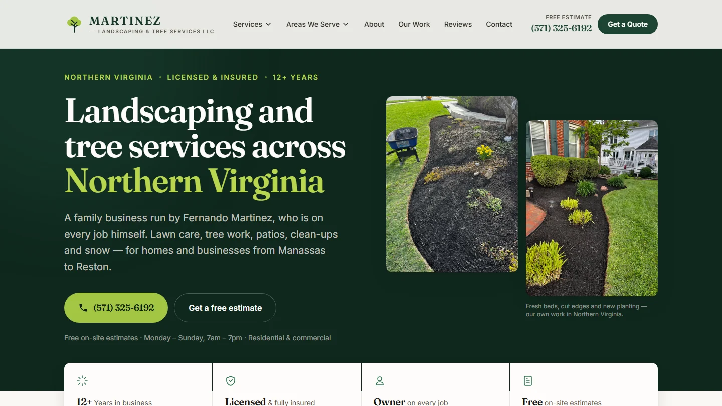 Martinez Landscaping homepage with a dark green design and photographs of completed landscaping work