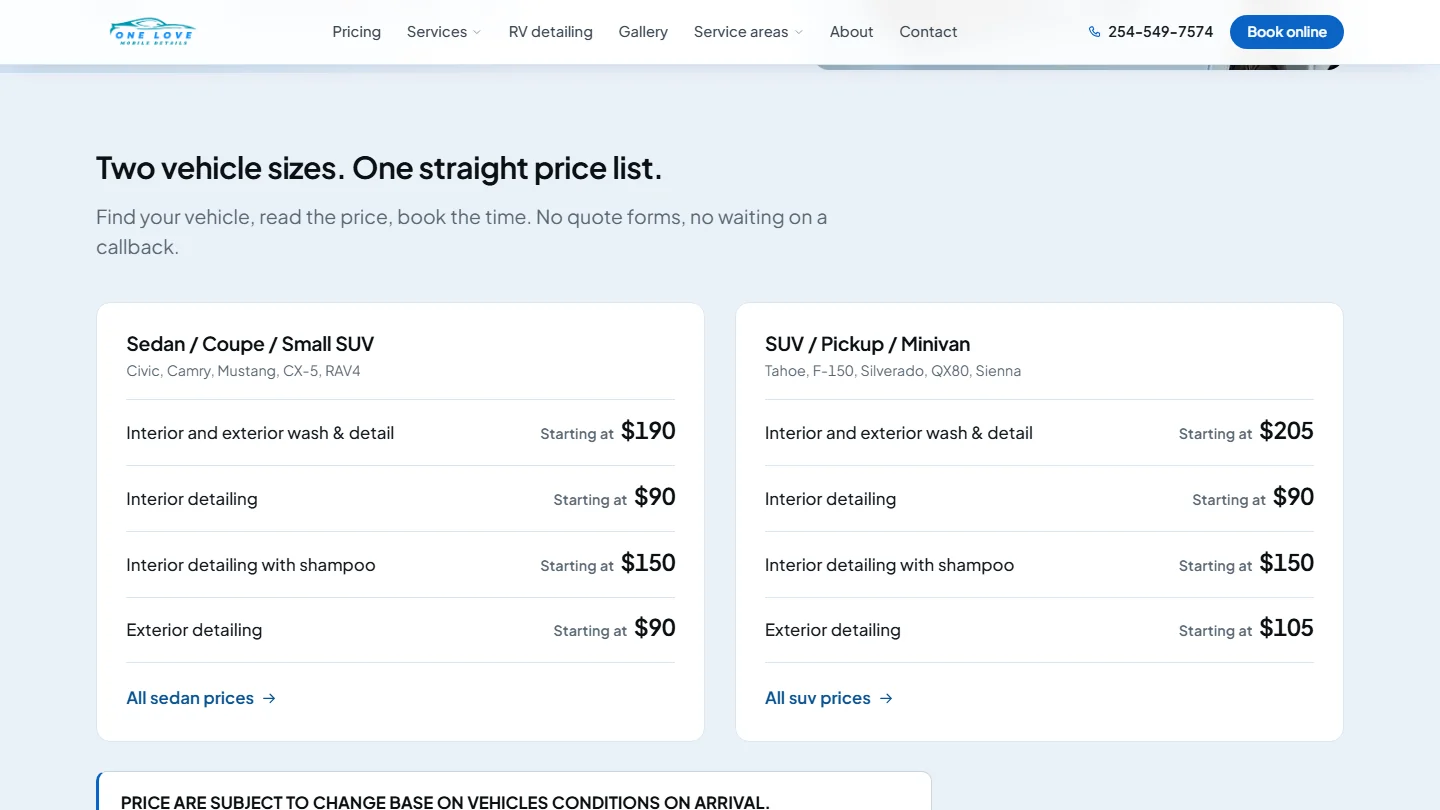 Side-by-side vehicle pricing makes service and size differences easy to compare.