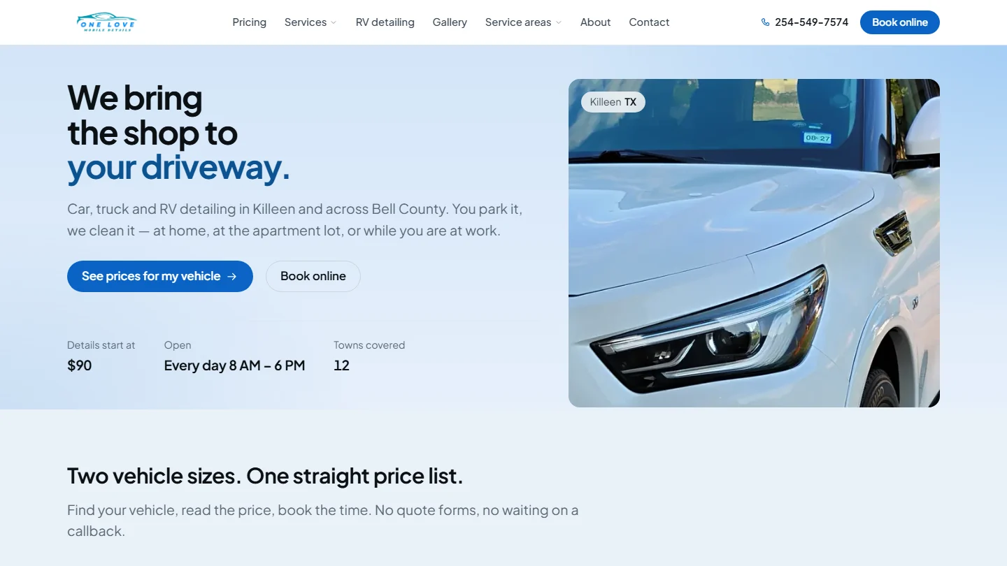 One Love Mobile Details homepage with blue styling, vehicle photography, and driveway detailing booking options