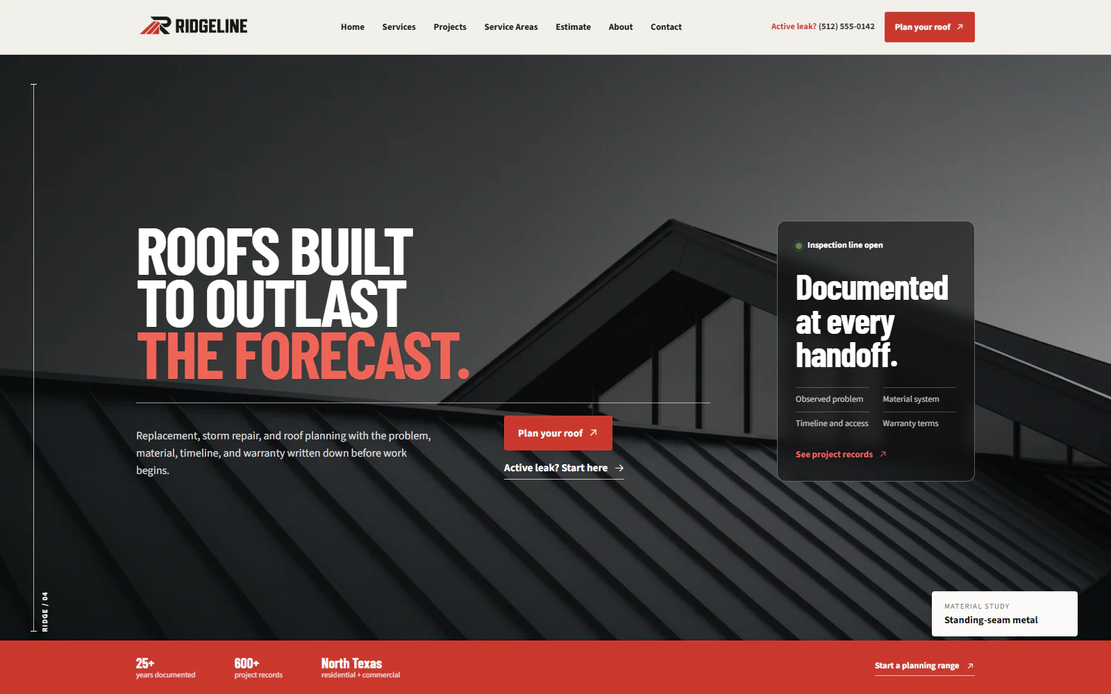 Ridgeline Roofing service website homepage