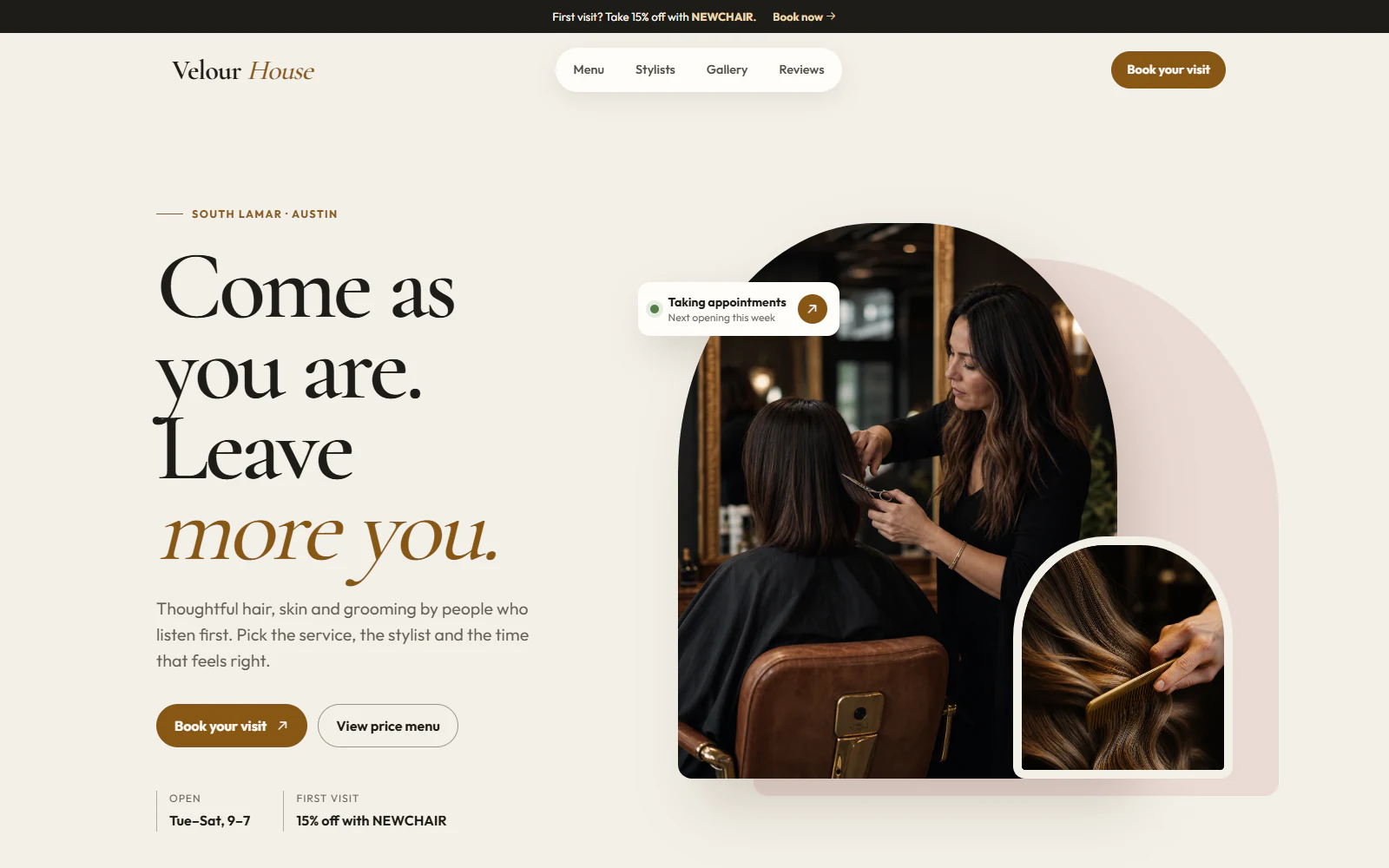 Velour House salon and spa booking homepage