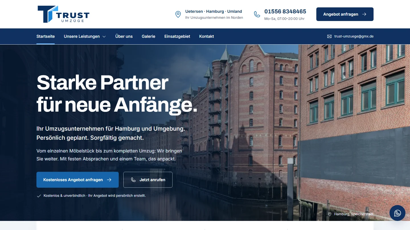 Trust Umzüge German-language moving company homepage featuring Hamburg canal architecture and a quote button