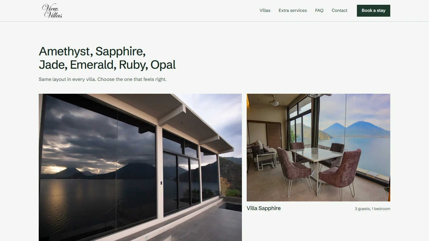 The villa collection lets guests compare the six private properties before exploring a stay.