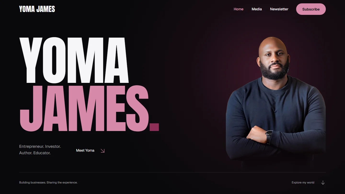 Yoma James Kukor personal website featuring bold pink typography and a portrait against a dark background